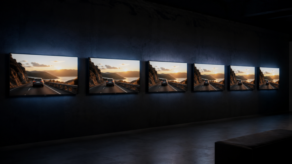 Row of identical screens playing the same car commercial, illustrating how generic dealership ads blend together