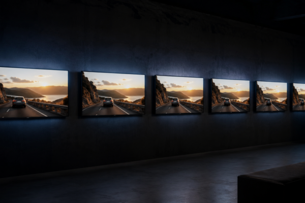 Row of identical screens playing the same car commercial, illustrating how generic dealership ads blend together