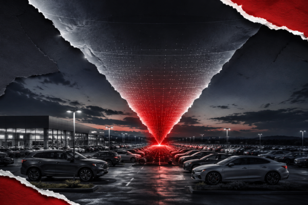Car dealership lot at dusk with a funnel of light crowded and glowing red at its narrow bottom, illustrating the saturated lower funnel in automotive advertising.