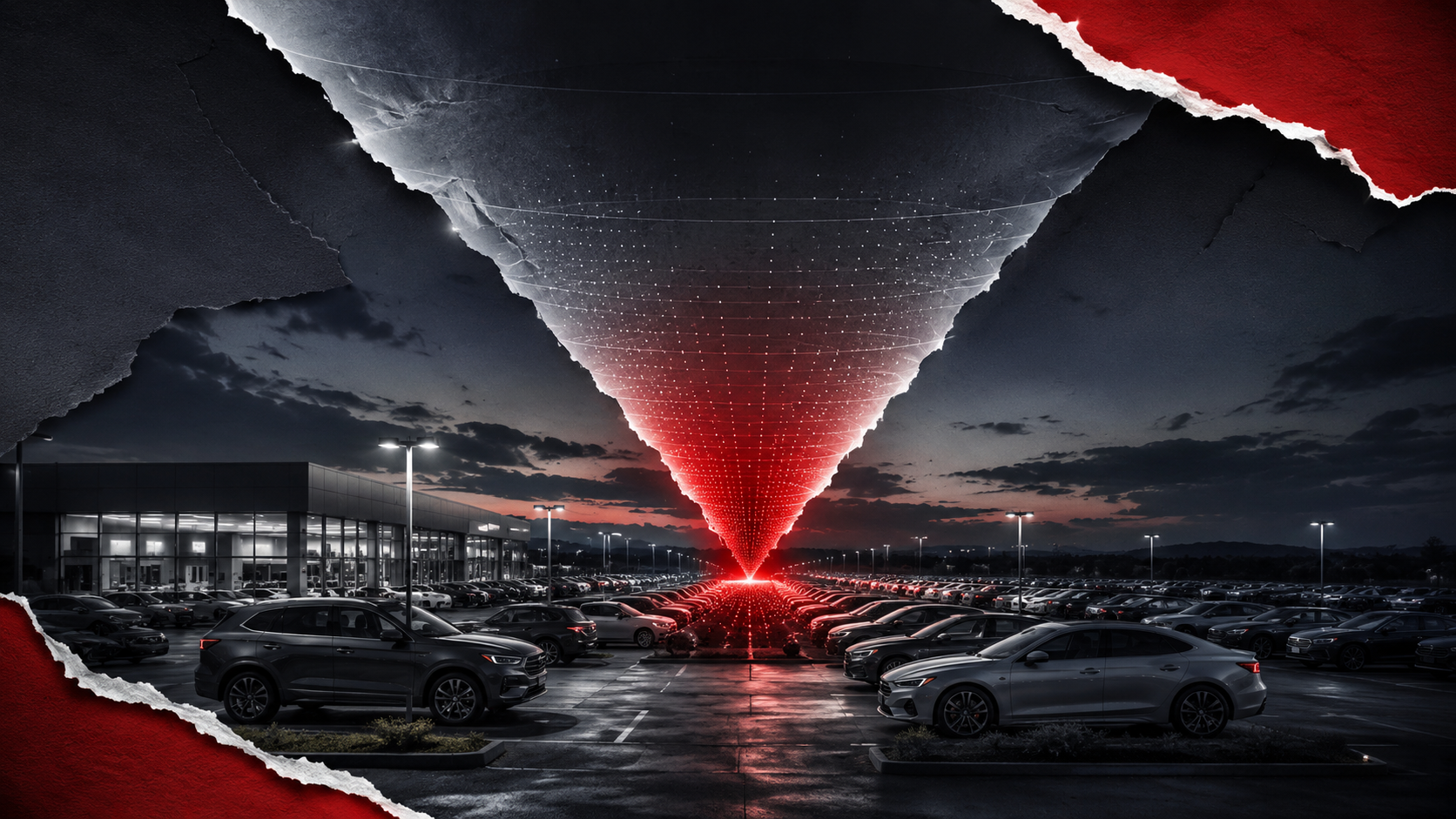 Car dealership lot at dusk with a funnel of light crowded and glowing red at its narrow bottom, illustrating the saturated lower funnel in automotive advertising.