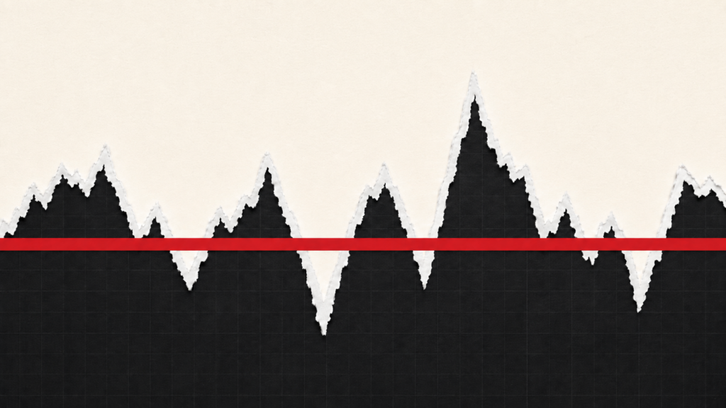 An erratic jagged white line crossed by a single perfectly straight red horizontal line on a dark background