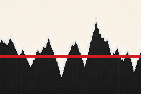 An erratic jagged white line crossed by a single perfectly straight red horizontal line on a dark background