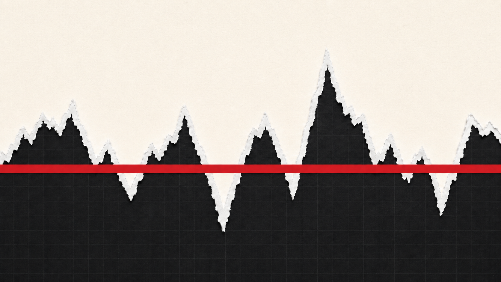 An erratic jagged white line crossed by a single perfectly straight red horizontal line on a dark background