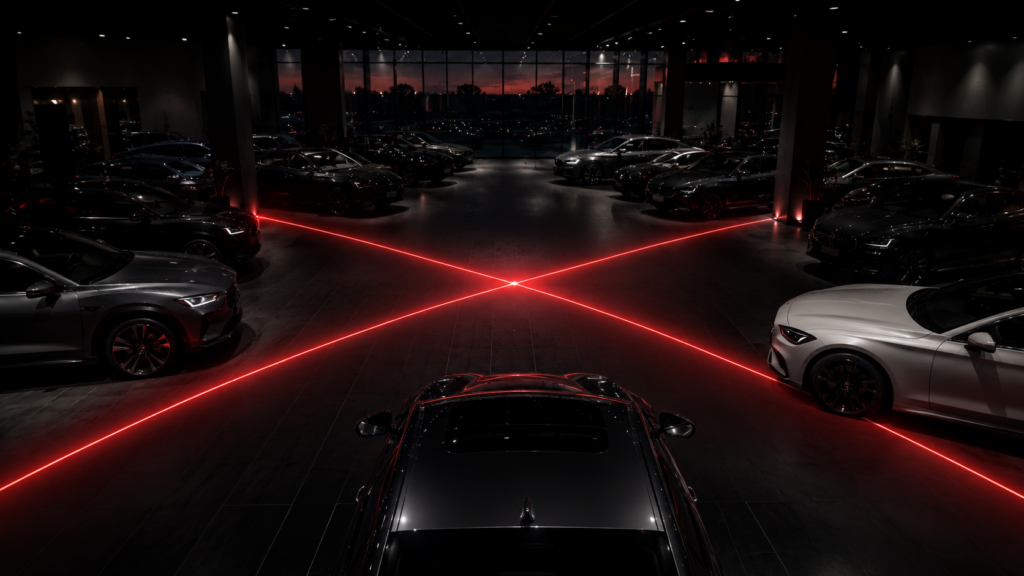 Four glowing red light paths converging on a dark dealership showroom floor, representing the four factors of market share growth