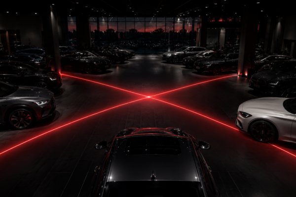 Four glowing red light paths converging on a dark dealership showroom floor, representing the four factors of market share growth