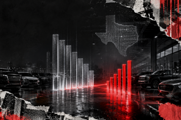 Dark car dealership showroom with glowing red data charts showing Texas new vehicle retail market share for July 2026