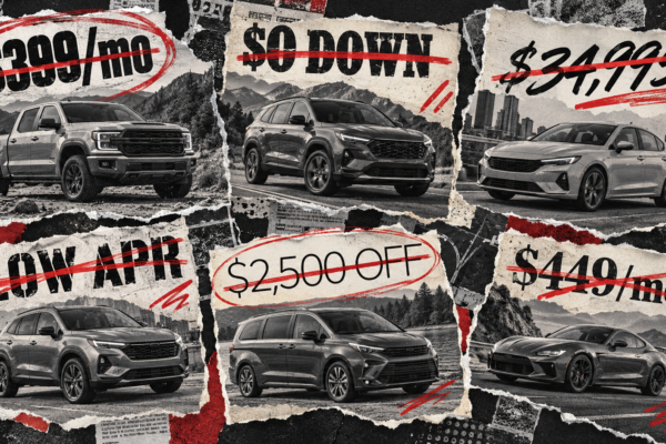 Dealership ad with the vehicle price crossed out in red pen, illustrating the Illegal Price Test