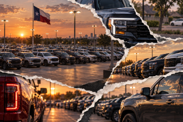 Rows of new pickups and SUVs on a Texas dealership lot at dusk with an August sale banner, one electric crossover parked beyond the fence